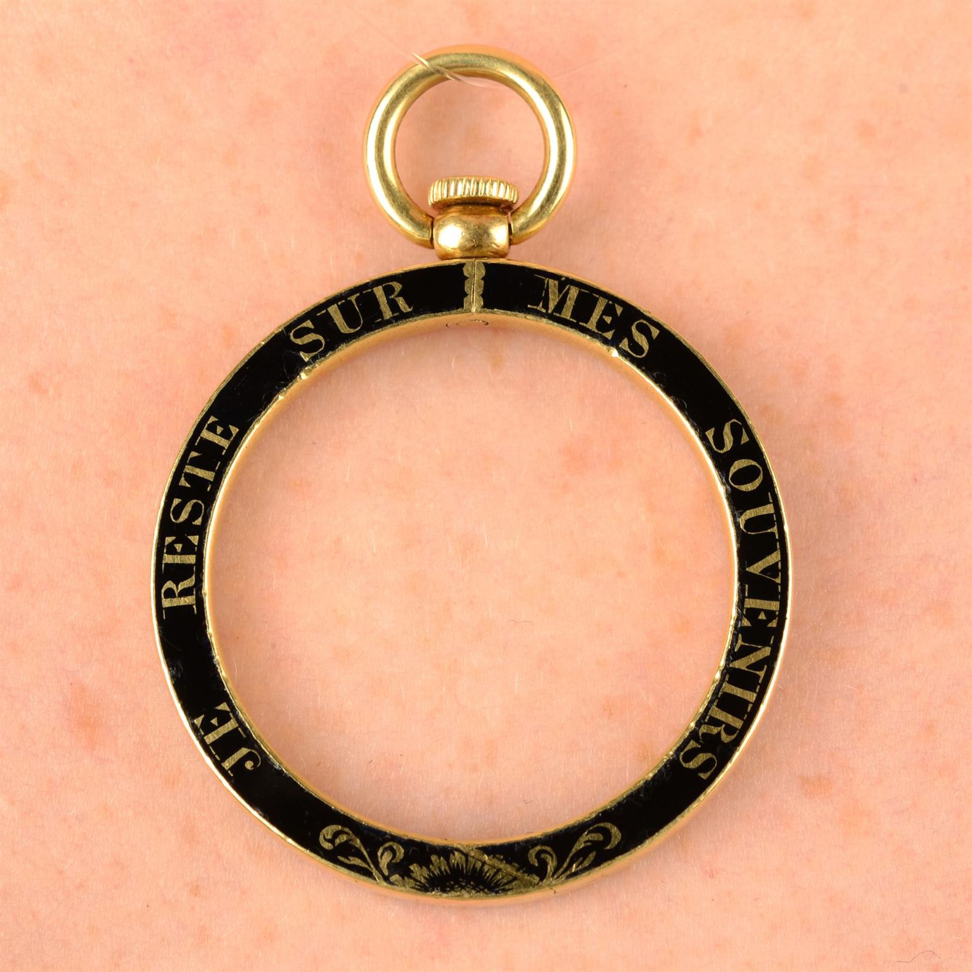 A 19th century 15ct gold black enamel, mourning hinged loop pendant.