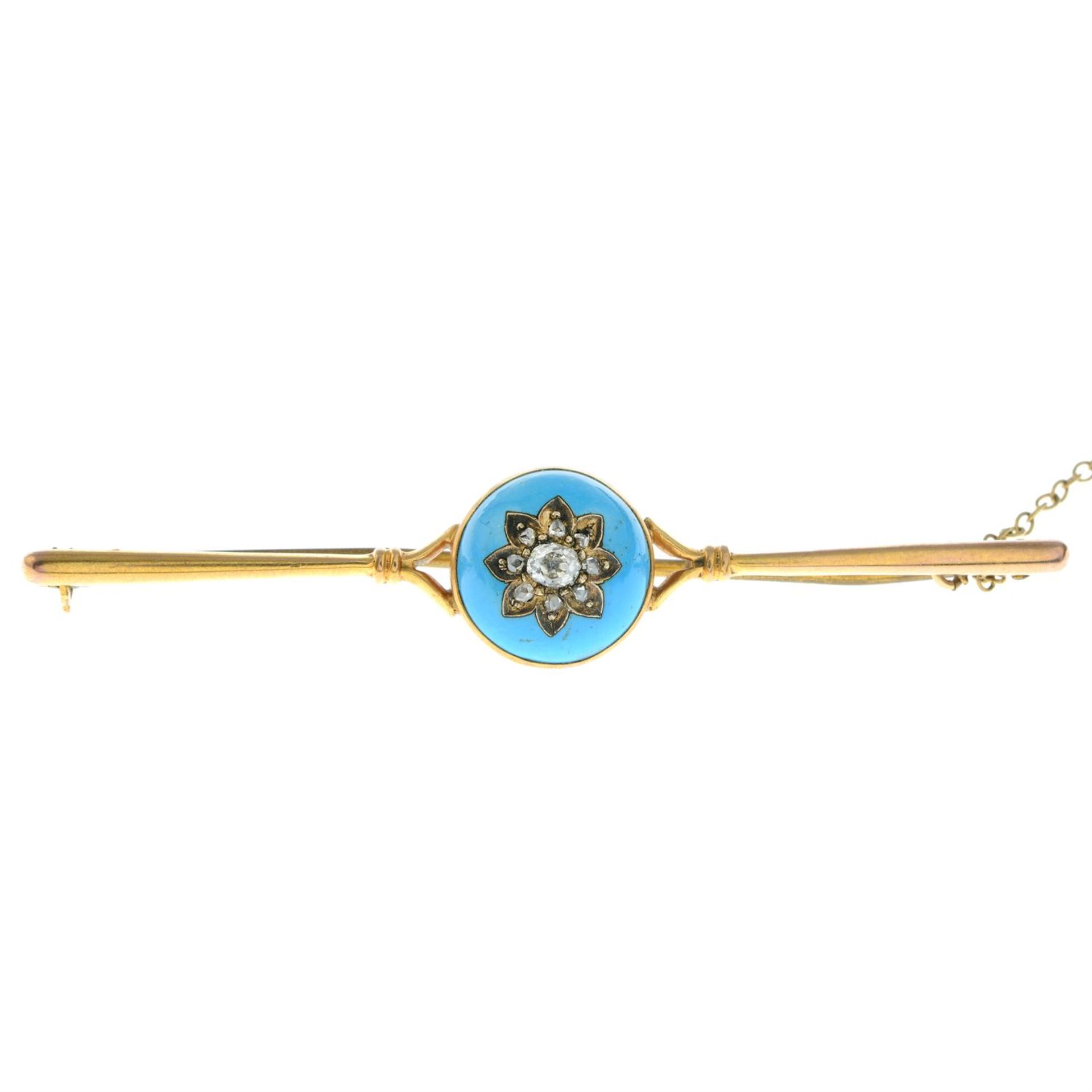 A late 19th century gold, floral vari-cut diamond and blue enamel bar brooch. - Image 2 of 4