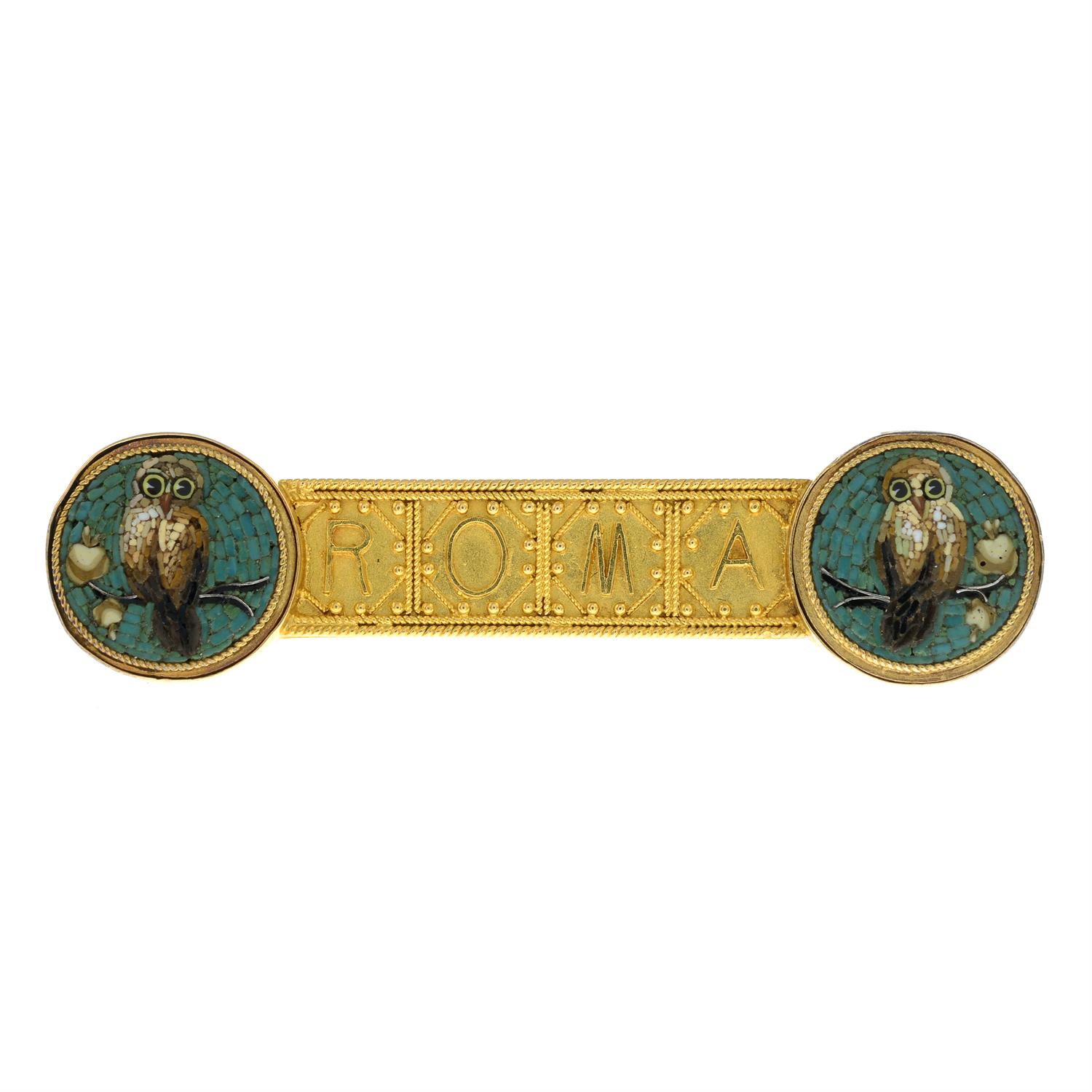 A late 19th century gold cannetille 'ROMA' brooch, with micro mosaic owl terminals. - Image 2 of 4