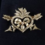 An old-cut diamond textured bow and diamond point flaming heart brooch, with diamond point crossed