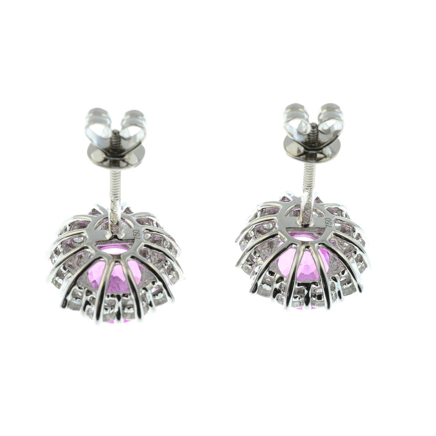 A pair of 18ct gold pink sapphire and brilliant-cut diamond cluster earrings. - Image 3 of 3