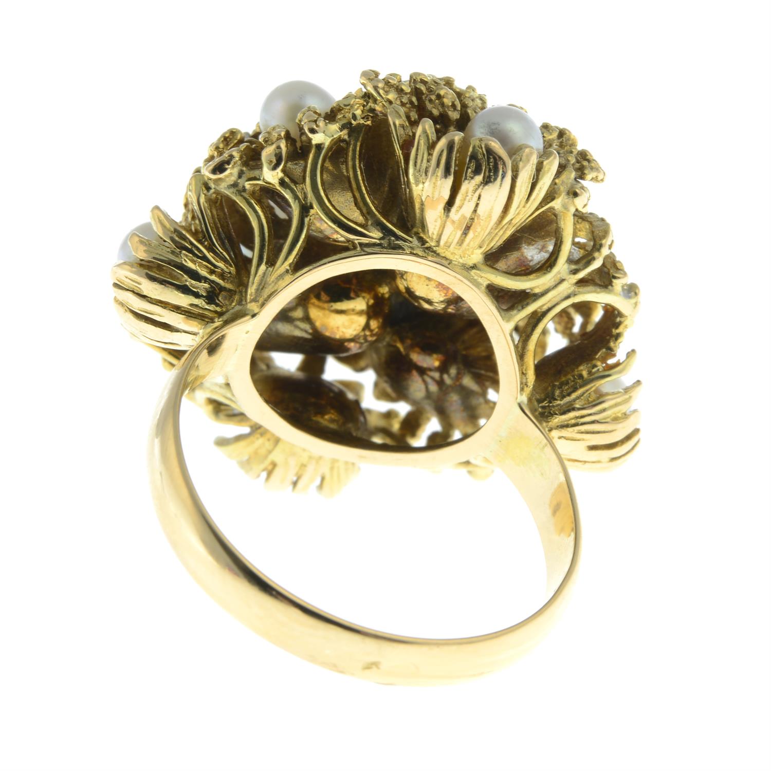 A mid 20th century 18ct gold cultured pearl and single-cut diamond floral bombé ring. - Image 4 of 5