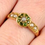 An early 20th century 18ct gold demantoid garnet and split pearl cluster ring, with split pearl