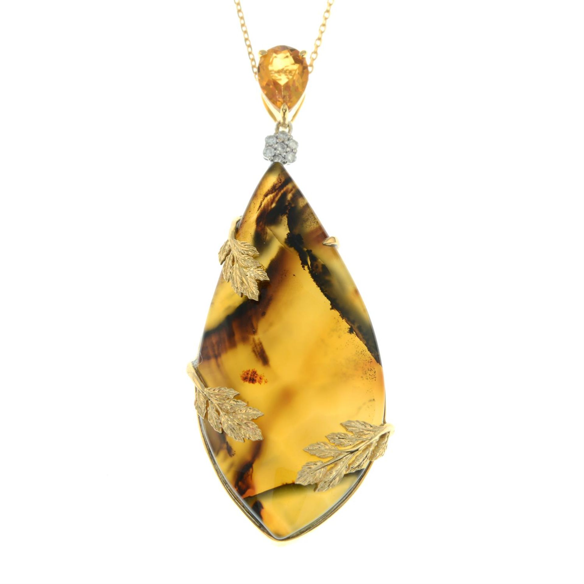 An agate, citrine and diamond pendant, with chain. - Image 2 of 5