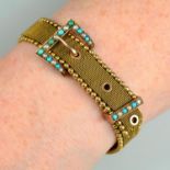 A late Victorian 9ct gold turquoise and split pearl buckle bracelet.