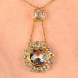 A composite 19th century gold colourless and light blue topaz cluster pendant, on chain.