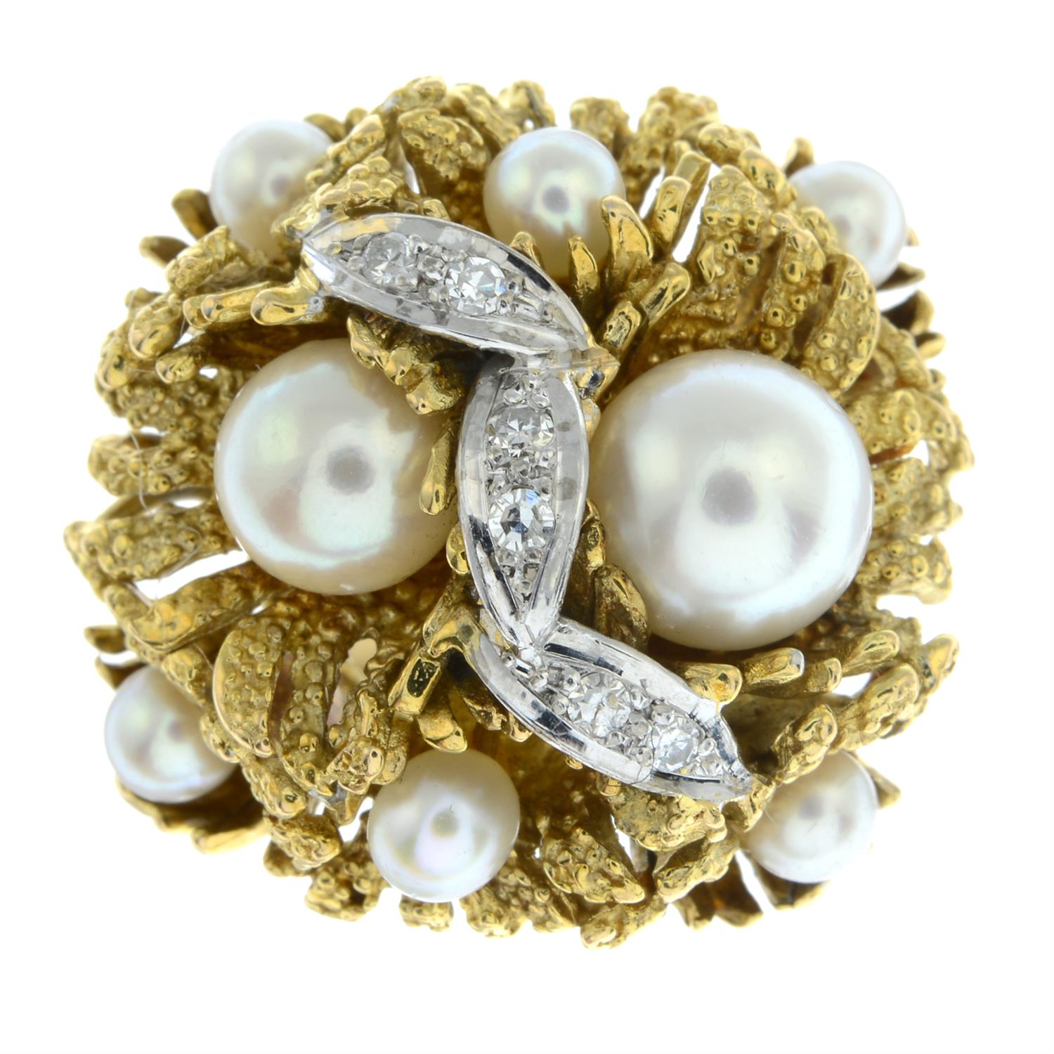 A mid 20th century 18ct gold cultured pearl and single-cut diamond floral bombé ring. - Image 2 of 5