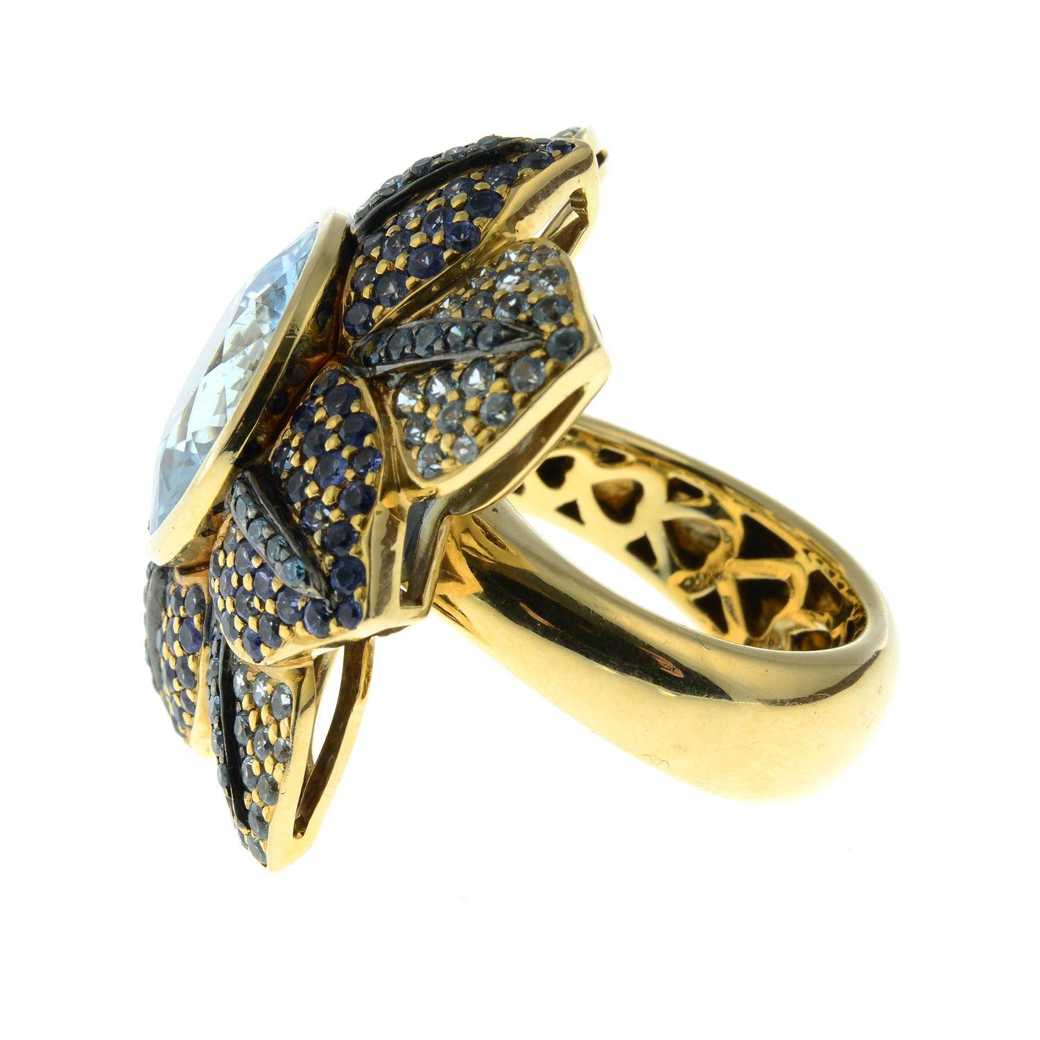 An aquamarine, sapphire and colour-treated 'blue' diamond floral ring, by Zorab Creations. - Image 3 of 5
