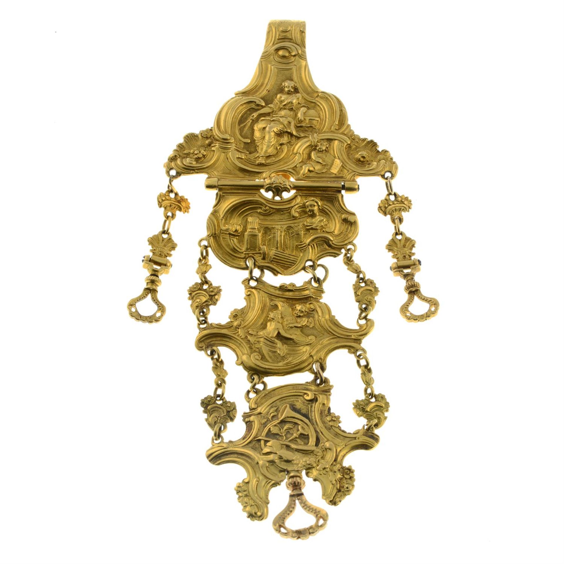 A mid 18th century Georgian chatelaine, with figural scenes and musical trophies amongst Rococo - Image 2 of 3