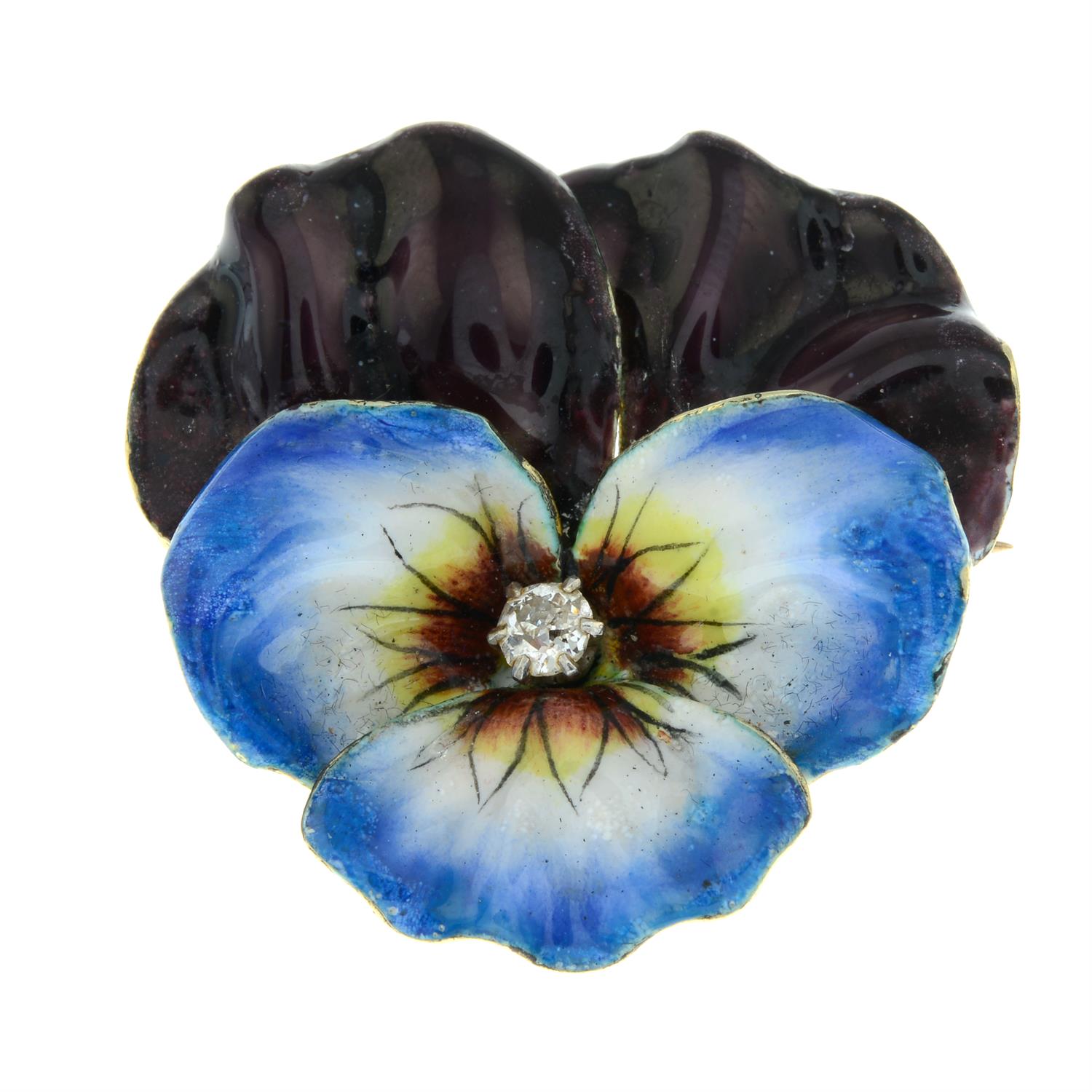 An early 20th century gold old-cut diamond and enamel pansy brooch. - Image 2 of 4