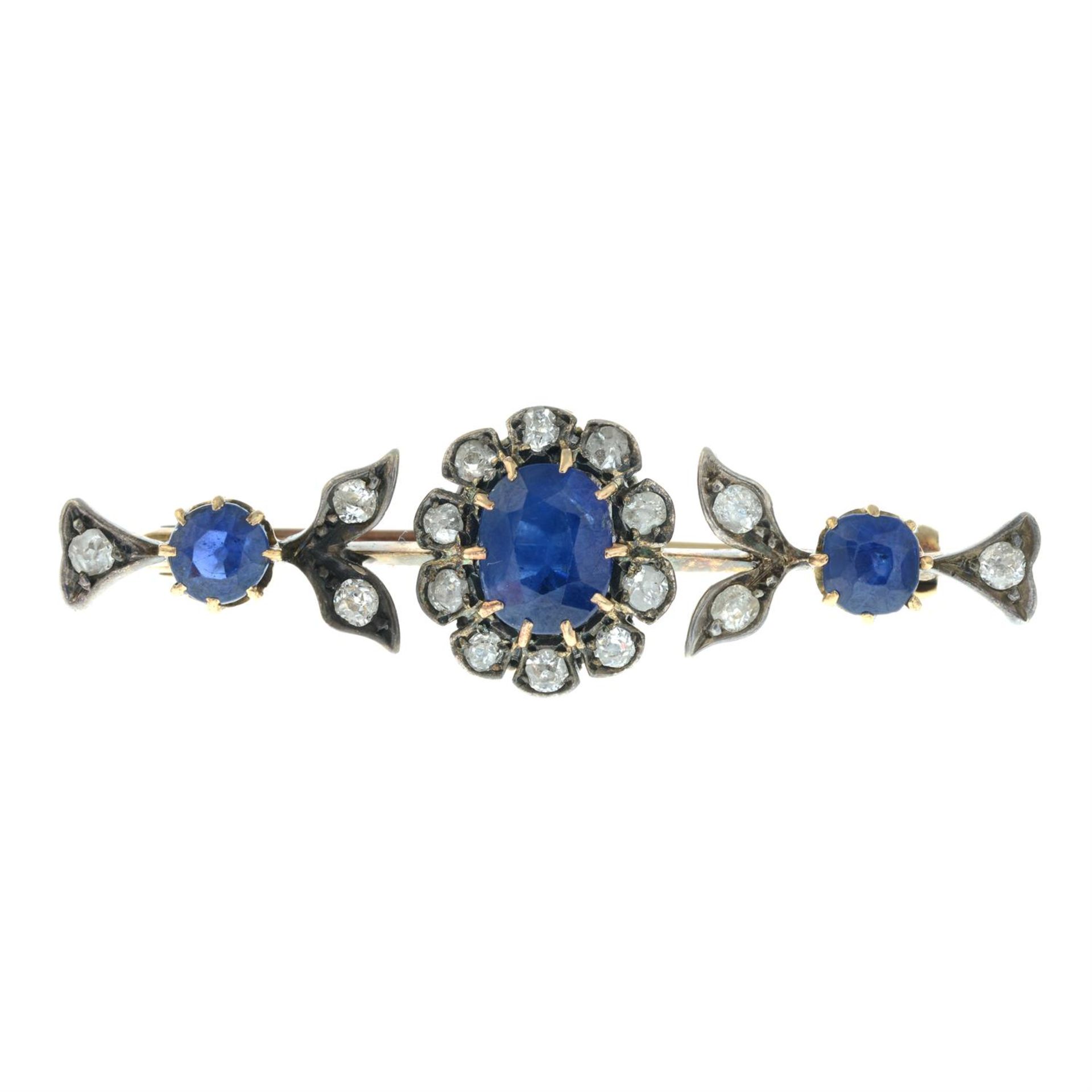 A late Victorian 15ct gold sapphire and old-cut diamond floral bar brooch. - Image 2 of 4