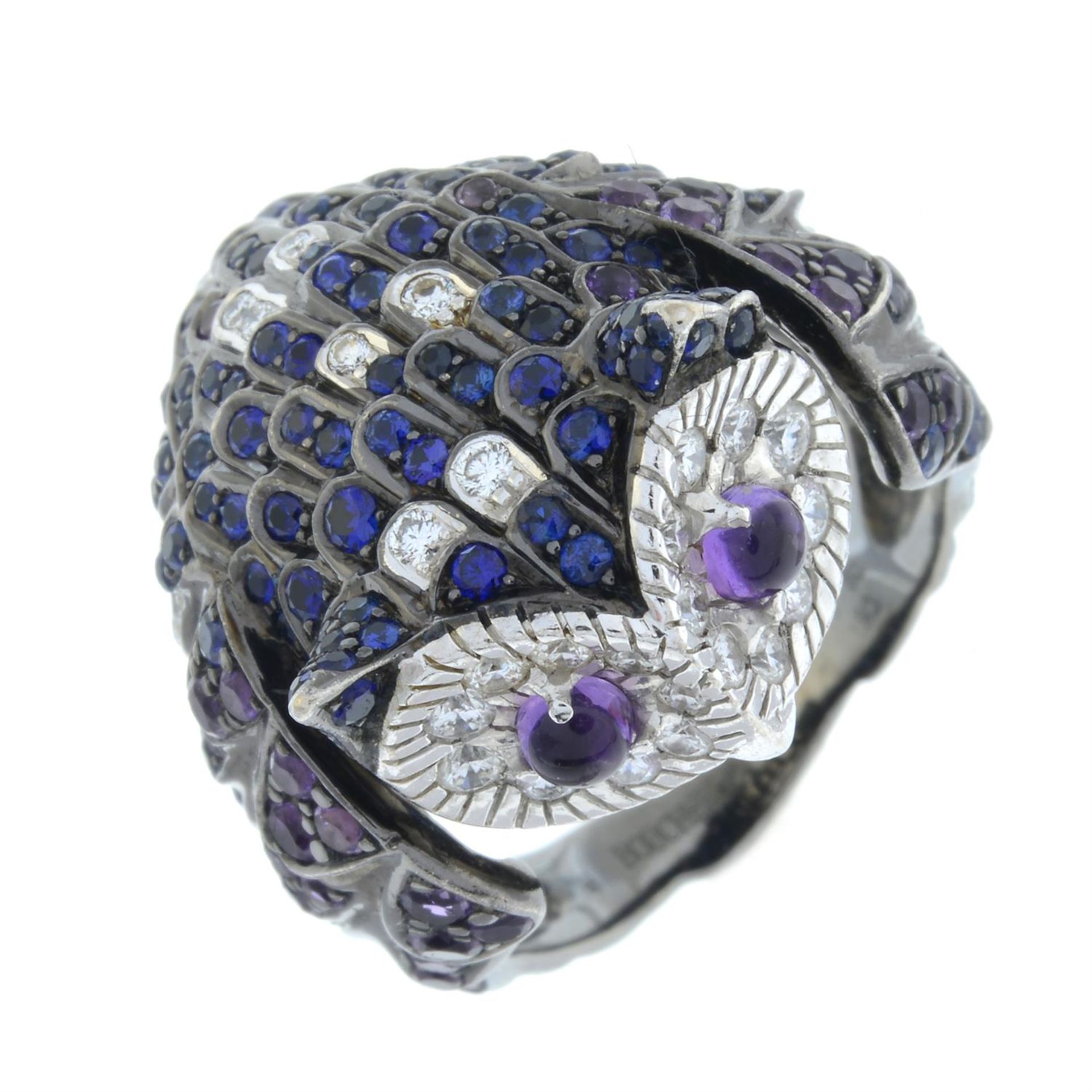 An amethyst, sapphire and brilliant-cut diamond 'Noctua' owl ring, by Boucheron. - Image 2 of 6