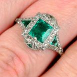 A platinum Art Deco Colombian emerald and single-cut diamond dress ring.