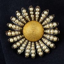 A late 19th century silver and gold, split pearl floral brooch, with matching earrings.