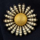 A late 19th century silver and gold, split pearl floral brooch, with matching earrings.