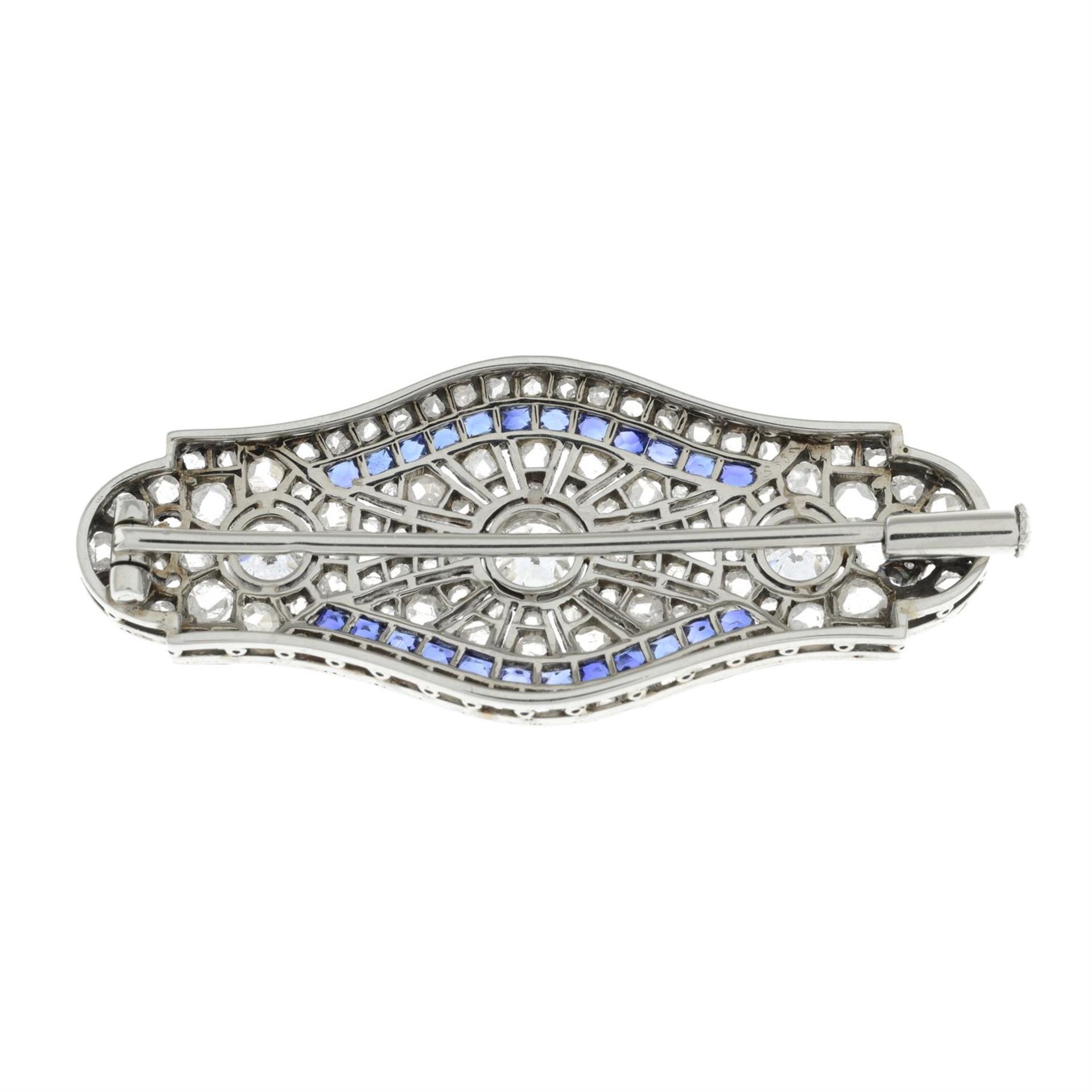 An Art Deco platinum and 18ct gold old and rose-cut diamond and calibre-cut sapphire pierced - Image 3 of 4