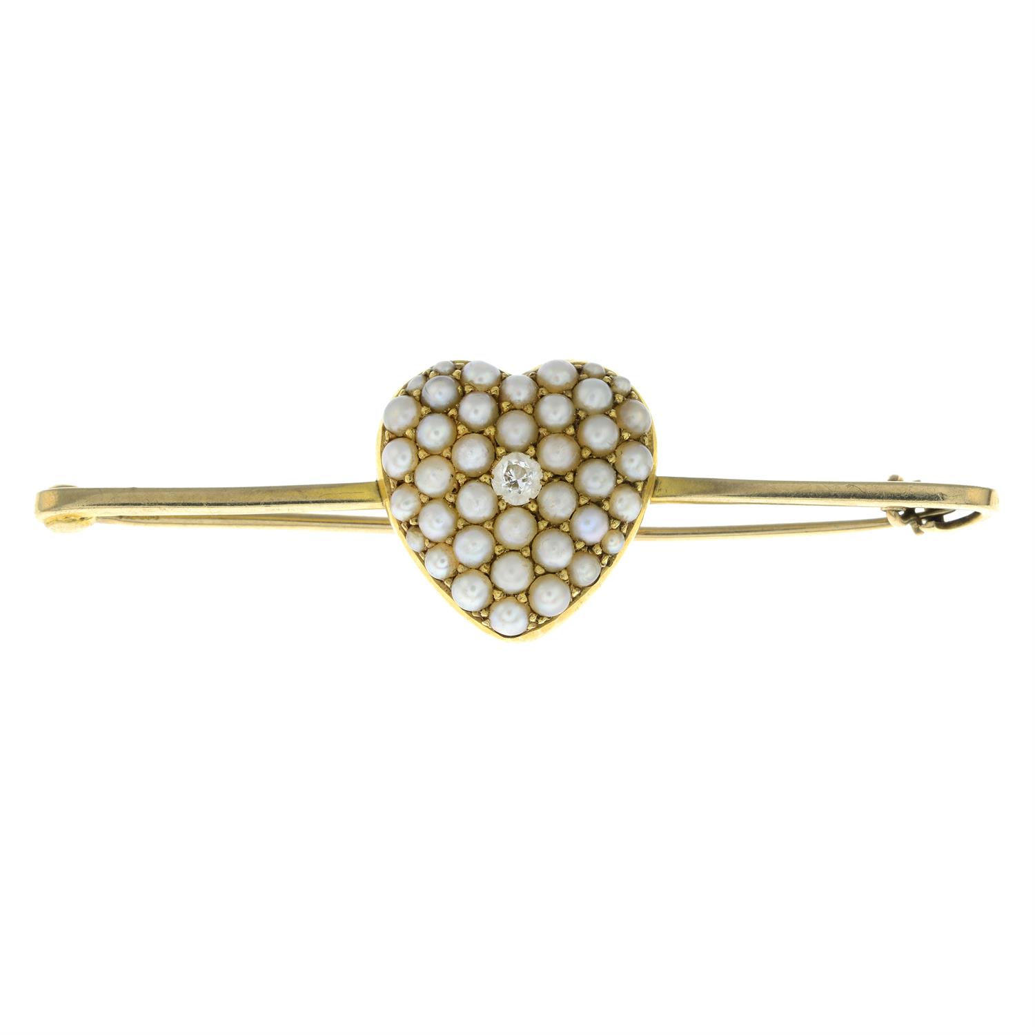 A late Victorian gold old-cut diamond and pavé-set split pearl heart, on later 9ct gold bar brooch. - Image 2 of 4