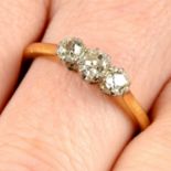 An early 20th century platinum and 18ct gold graduated old-cut diamond three-stone ring.