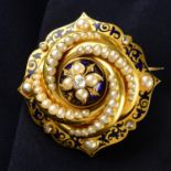 A late Victorian 18ct gold blue enamel, split pearl and old-cut diamond brooch.