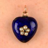 A 19th century gold, garnet and split pearl floral accent blue enamel heart locket.