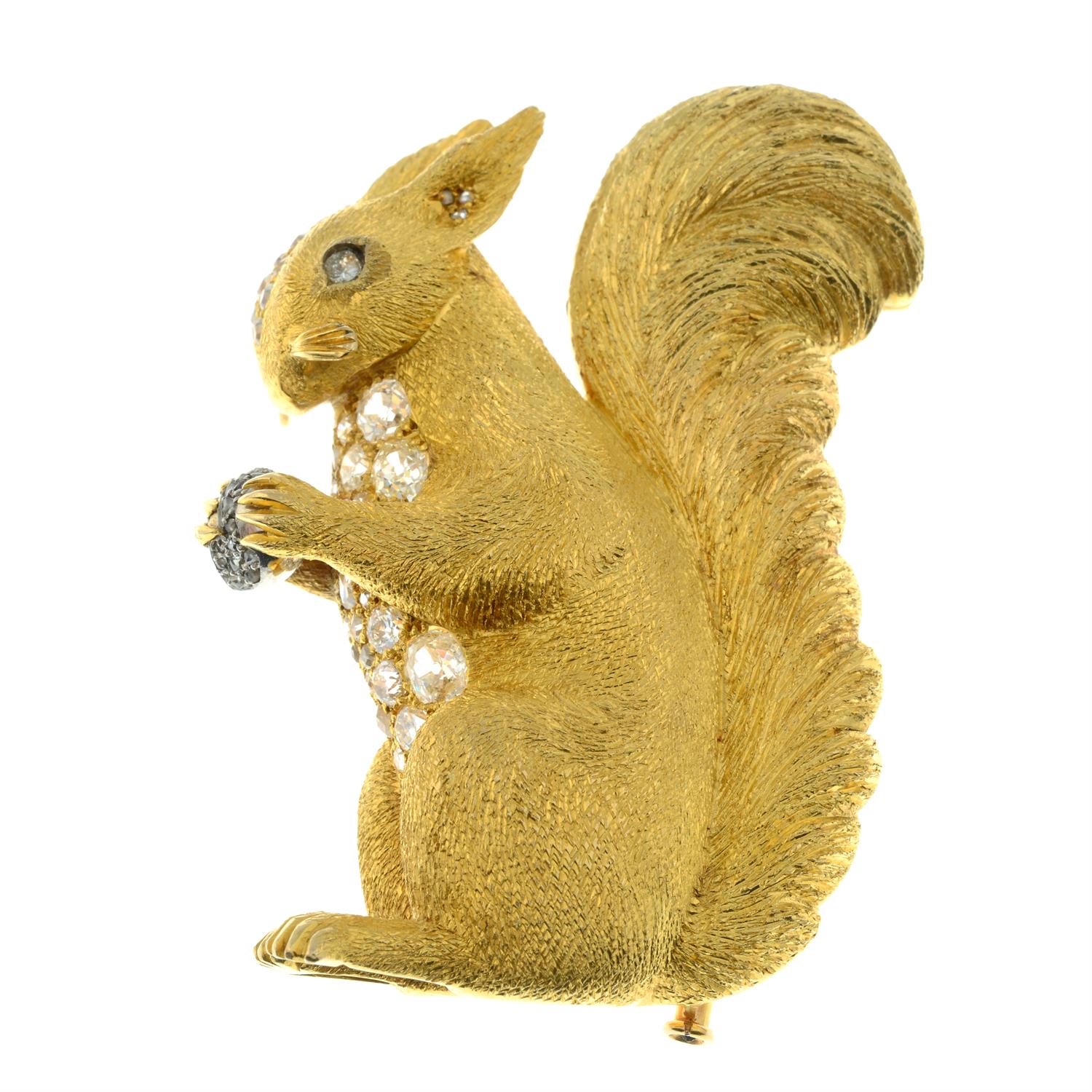 A mid 20th century 18ct gold old-cut diamond squirrel brooch, holding a rose-cut diamond nut, - Image 2 of 4