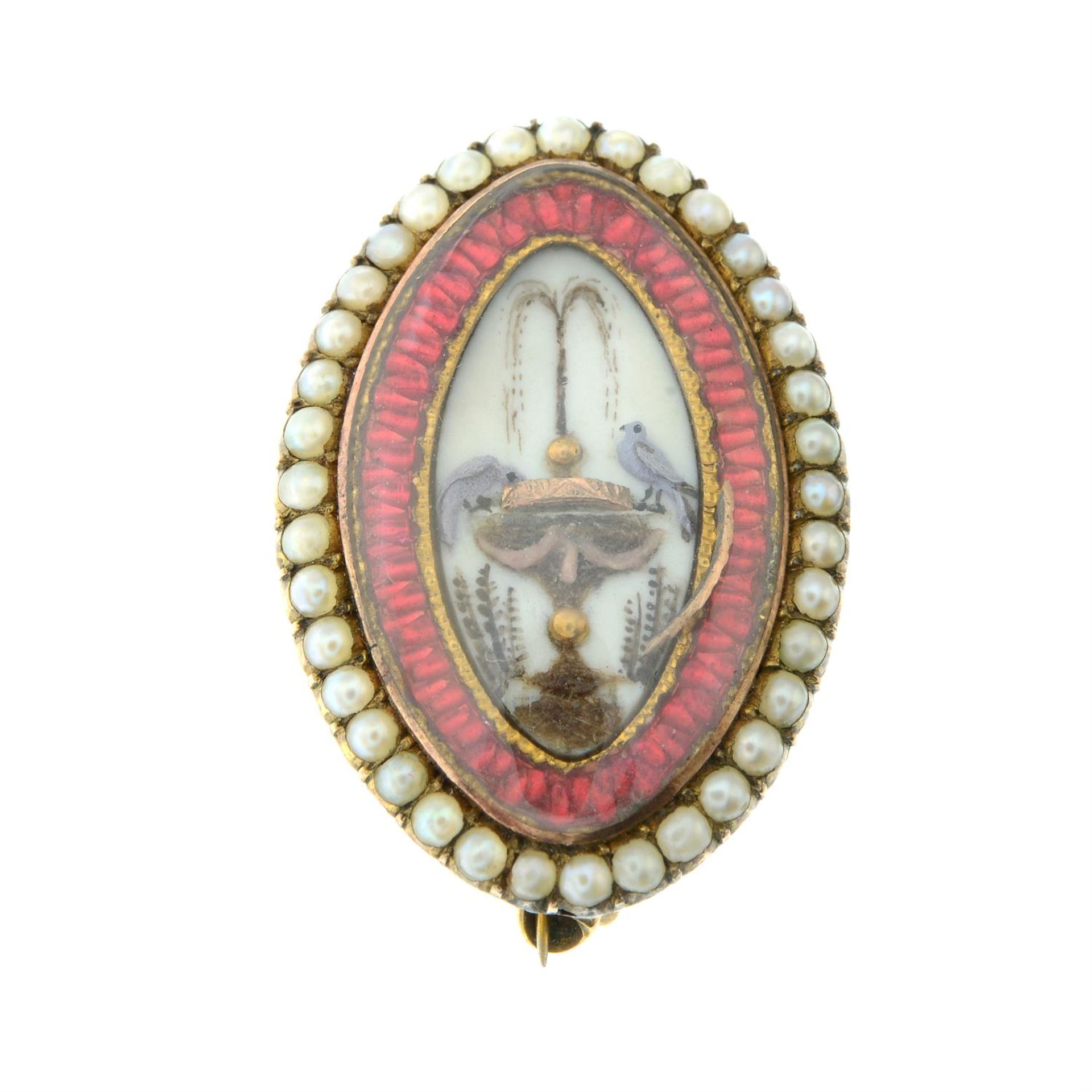 A late Georgian gold, red enamel and split pearl brooch, the central glazed hairwork panel - Image 2 of 4
