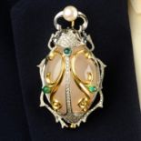 An agate and pavé-set diamond beetle brooch, with emerald and sapphire cabochon highlights,