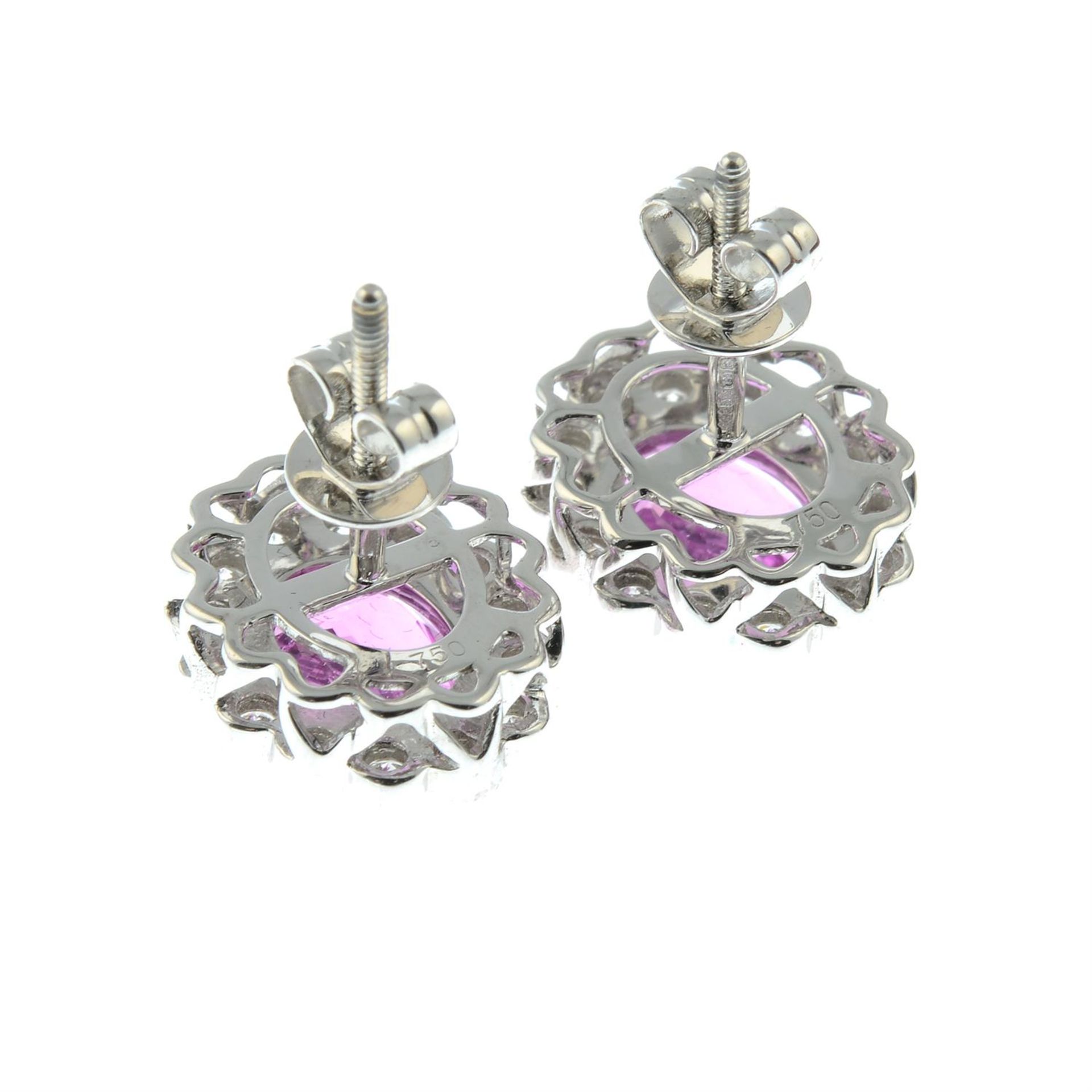 A pair of 18ct gold pink sapphire and brilliant-cut diamond cluster earrings. - Image 3 of 3