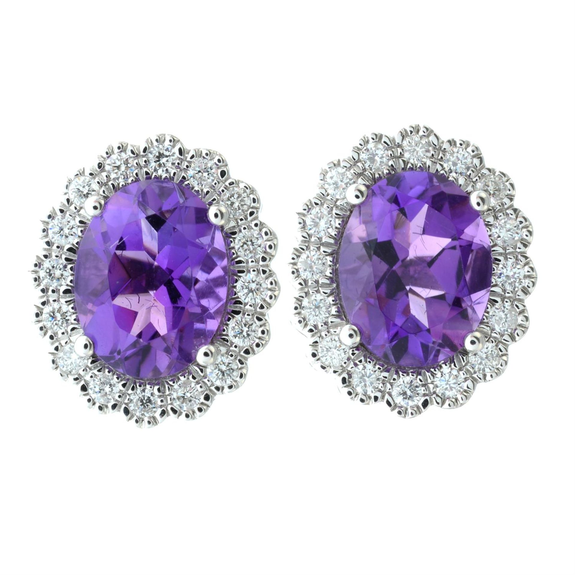 A pair of 18ct gold amethyst and brilliant-cut diamond cluster earrings. - Image 2 of 3