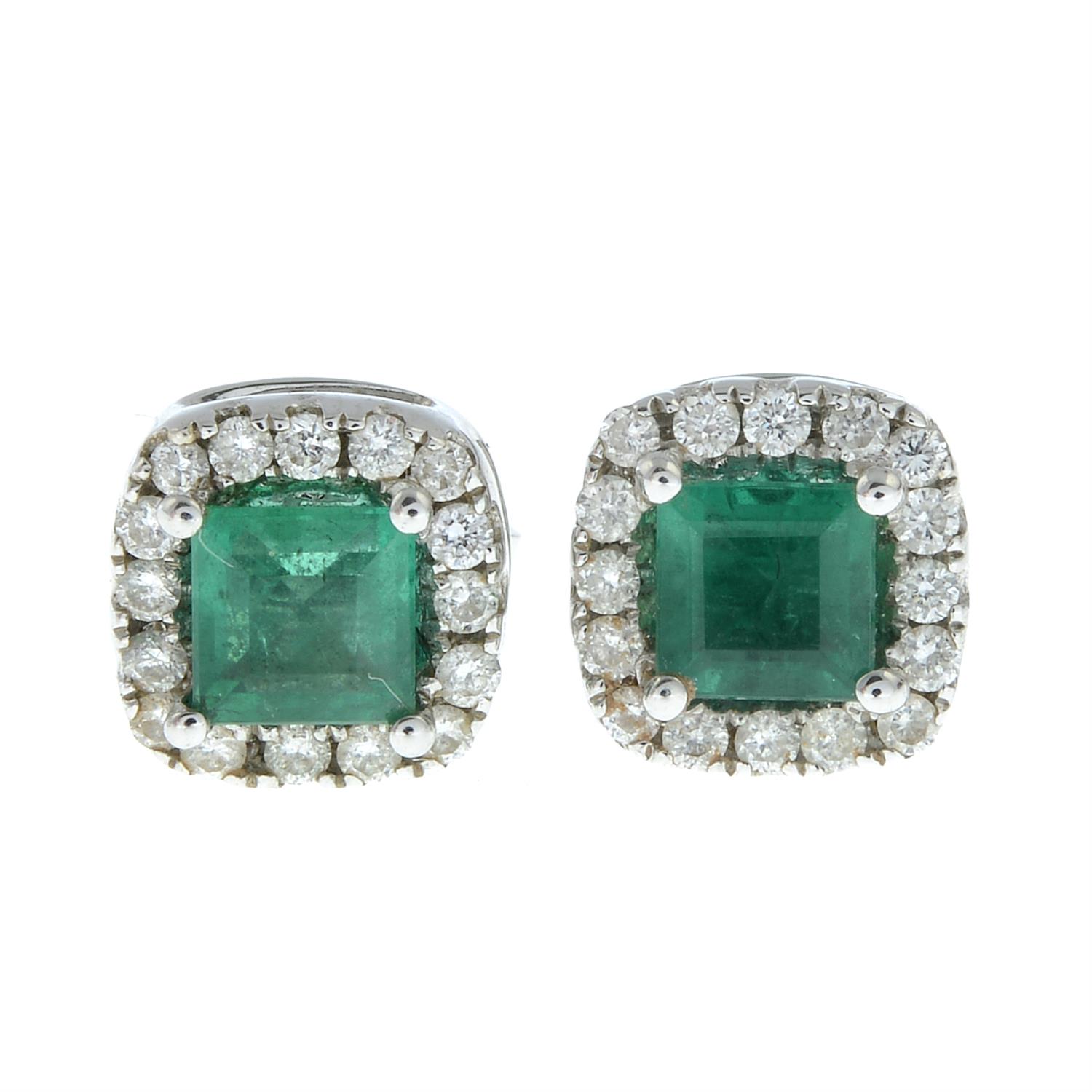 A pair of 18ct gold emerald and brilliant-cut diamond cluster stud earrings. - Image 2 of 3