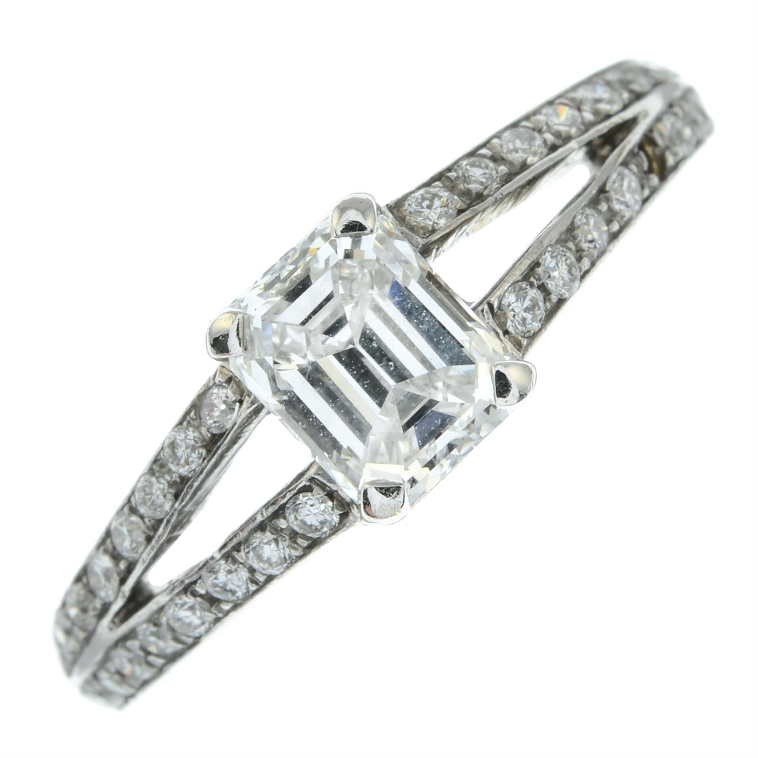 An emerald-cut diamond ring, with brilliant-cut diamond split shoulders. - Image 2 of 5