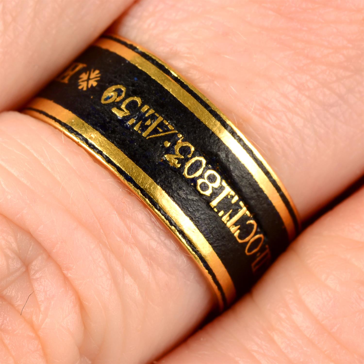 A Georgian 22ct gold black enamel mourning ring, marked for Henry Somerset, 5th Duke of Beaufort'.