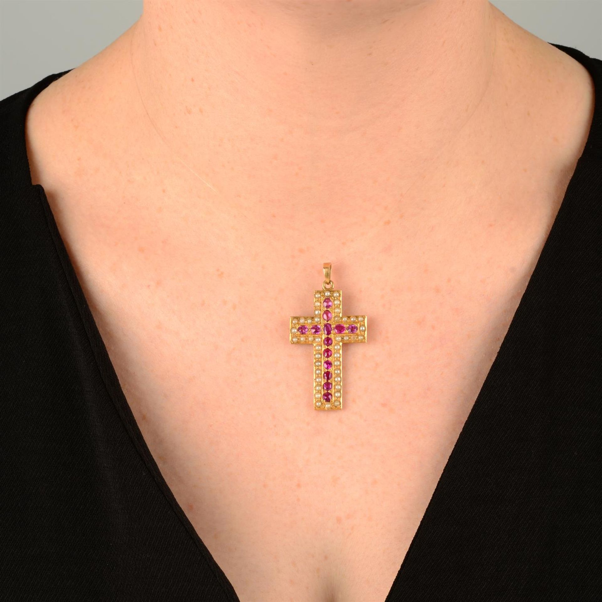 A late 19th century gold ruby, synthetic ruby and split pearl cross pendant. - Image 4 of 4