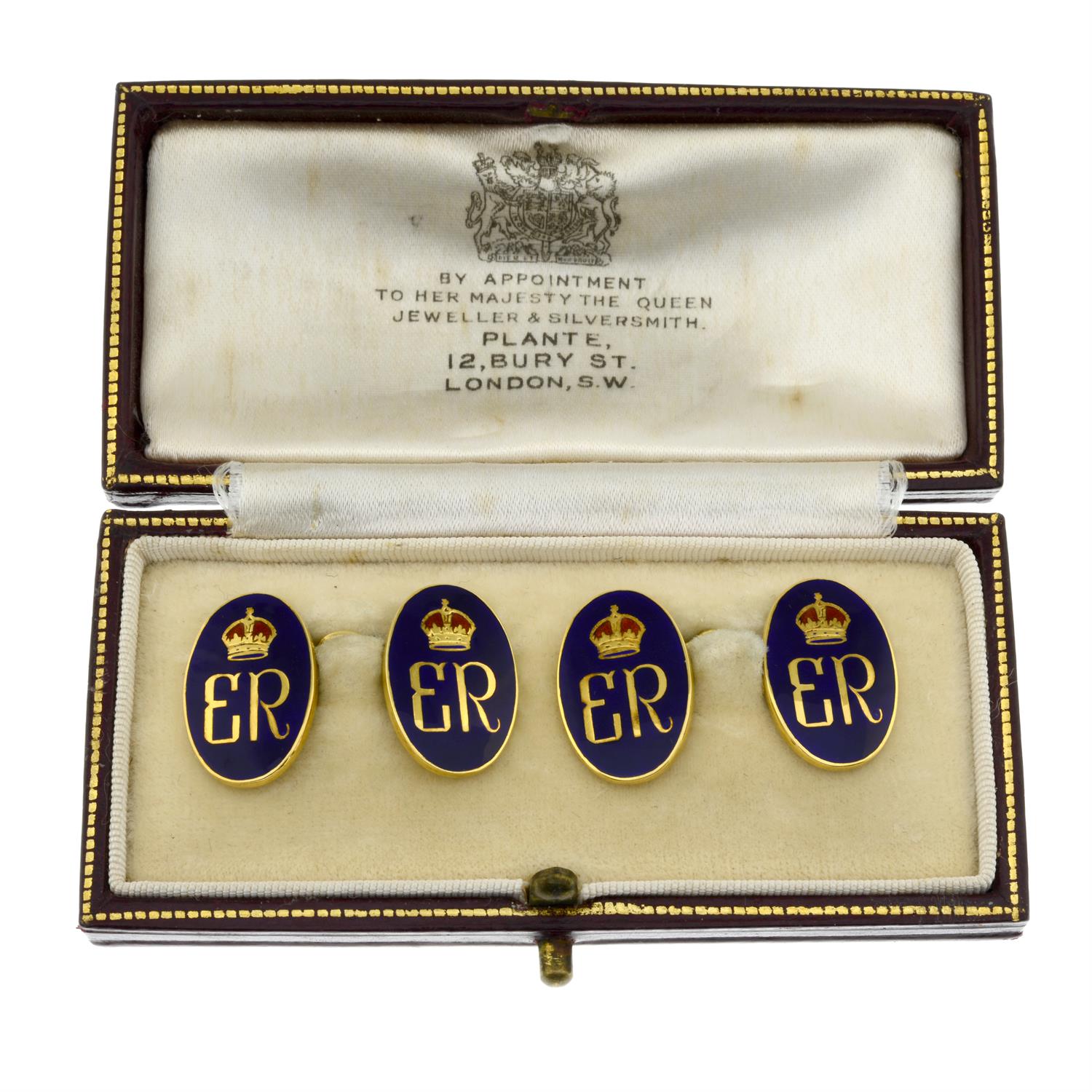 A pair of 9ct gold blue and red enamel Royal cypher presentation cufflinks, with Plante - Image 4 of 5