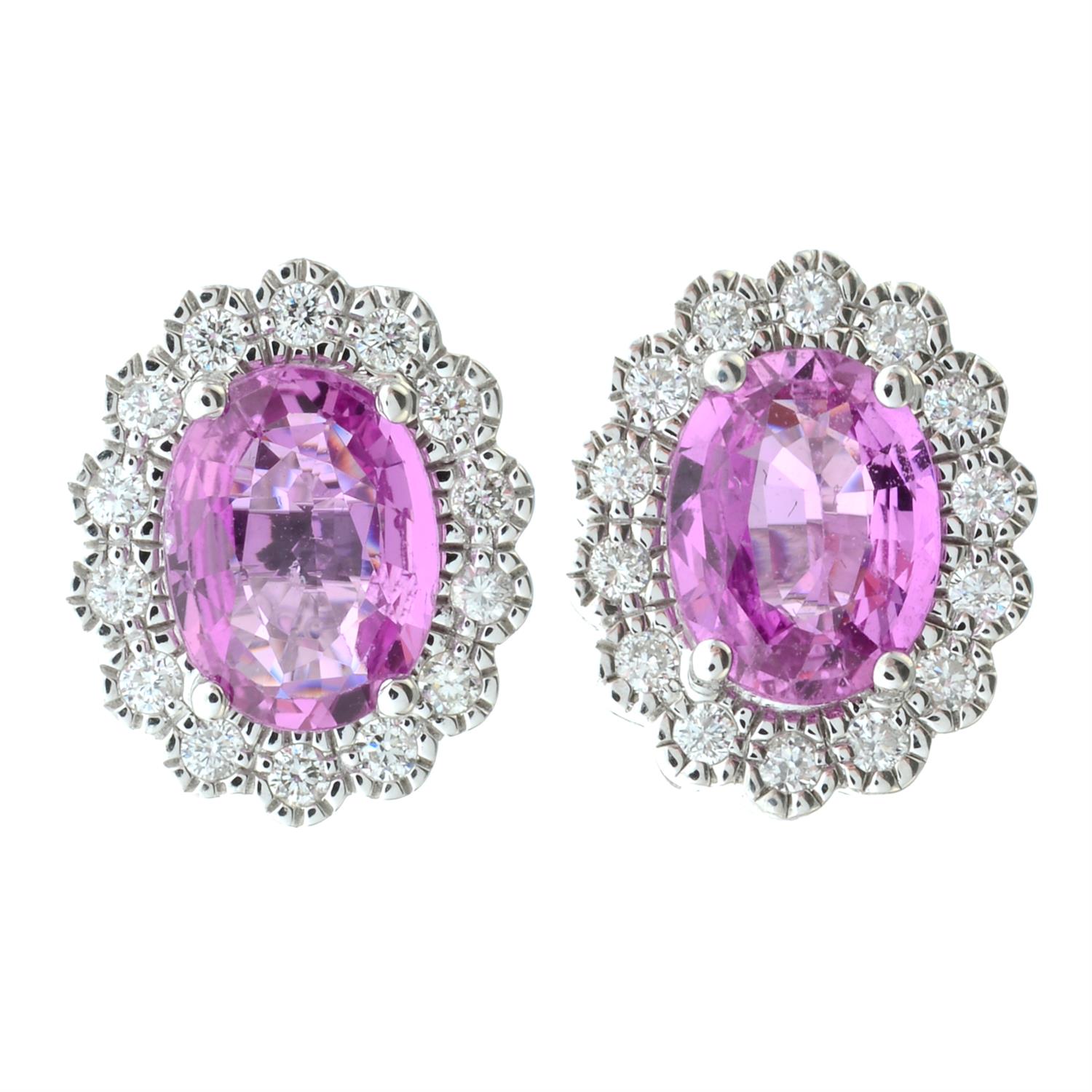 A pair of 18ct gold pink sapphire and brilliant-cut diamond cluster earrings. - Image 2 of 3