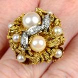 A mid 20th century 18ct gold cultured pearl and single-cut diamond floral bombé ring.