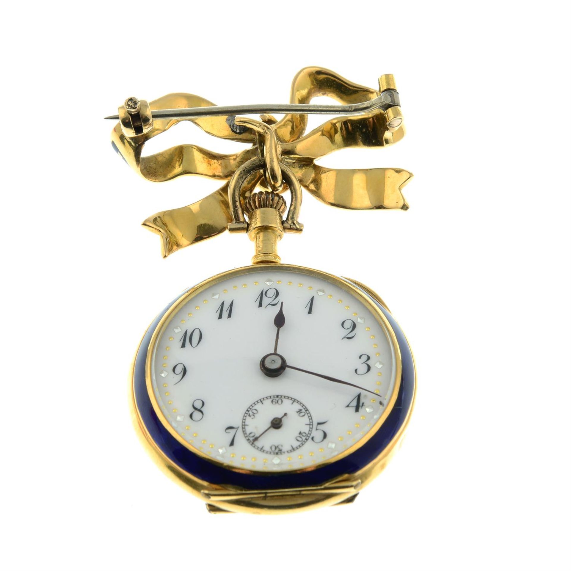 A late 19th century 18ct gold rose-cut diamond star and blue enamel fob watch, suspended from a - Image 3 of 4