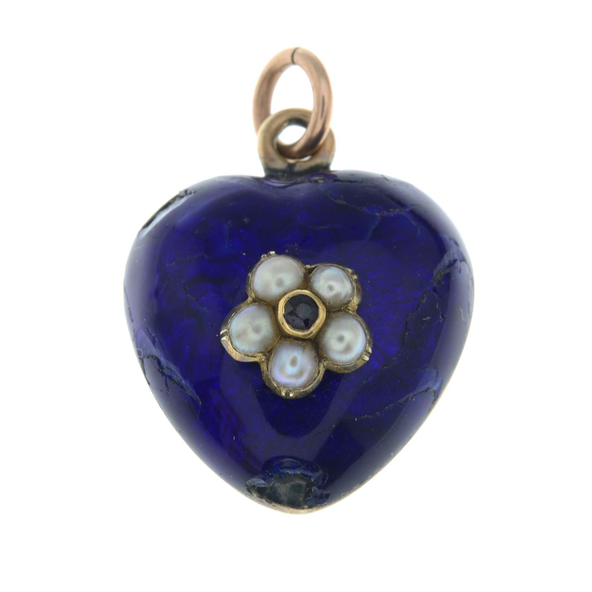 A 19th century gold, garnet and split pearl floral accent blue enamel heart locket. - Image 2 of 4