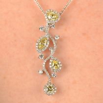 An 18ct gold brilliant-cut diamond and vari-shape 'yellow' diamond stylised floral pendant,