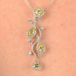 An 18ct gold brilliant-cut diamond and vari-shape 'yellow' diamond stylised floral pendant,