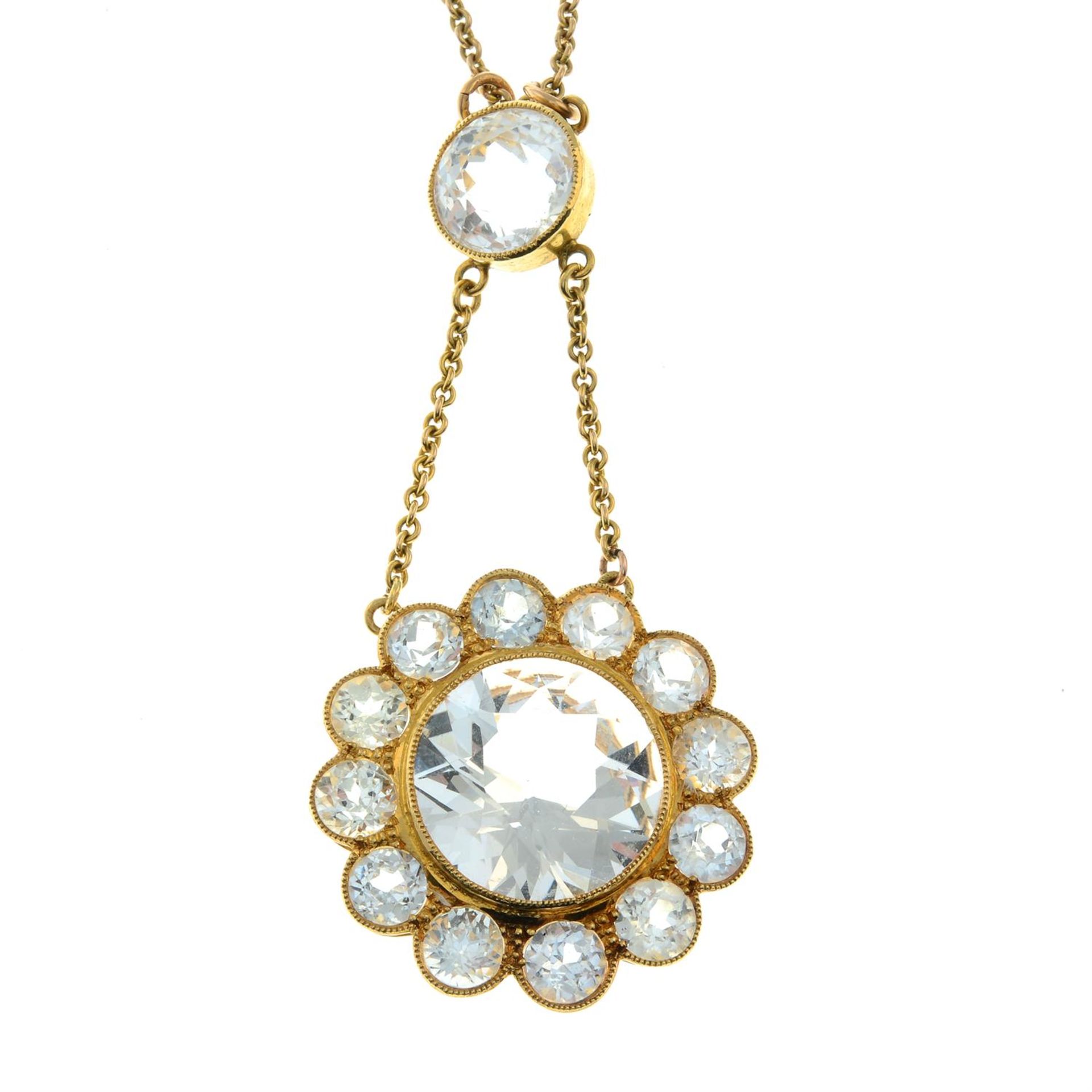 A composite 19th century gold colourless and light blue topaz cluster pendant, on chain. - Image 2 of 5