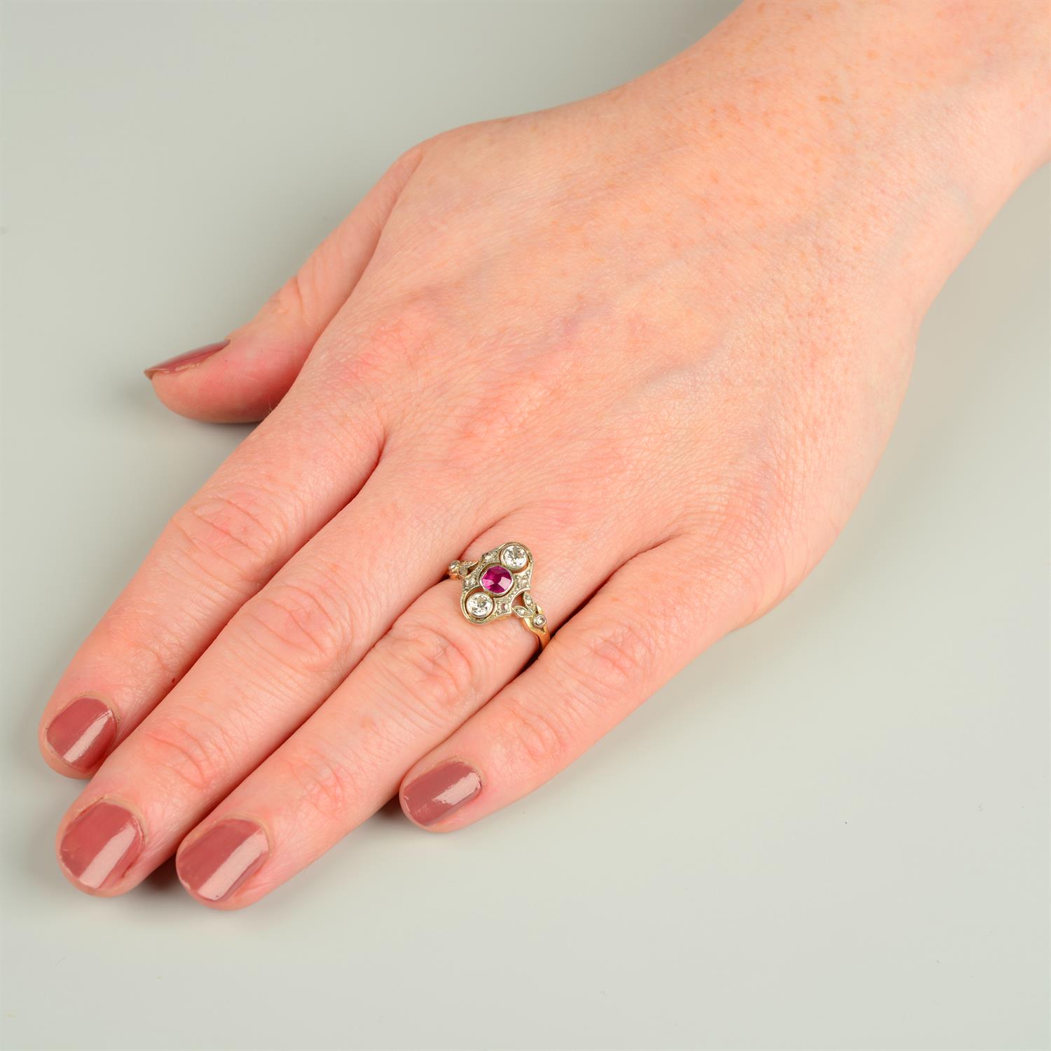 An early 20th century platinum and gold Burmese ruby, old-cut diamond and diamond point ring. - Image 5 of 6