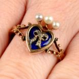 An Edwardian gold rose-cut diamond, seed pearl and blue enamel heart dress ring.