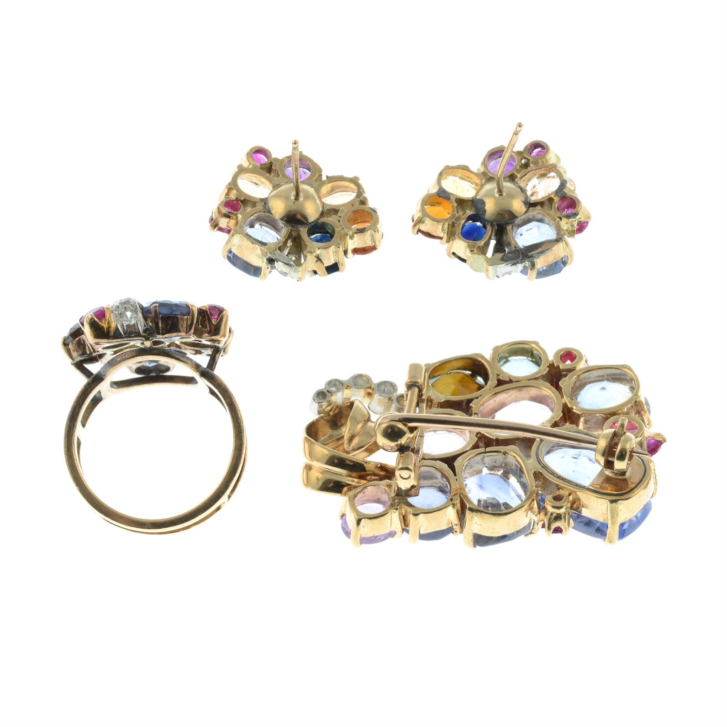 An early to mid 20th century multi-gem suite, comprising brooch, ring and earrings, - Image 3 of 4