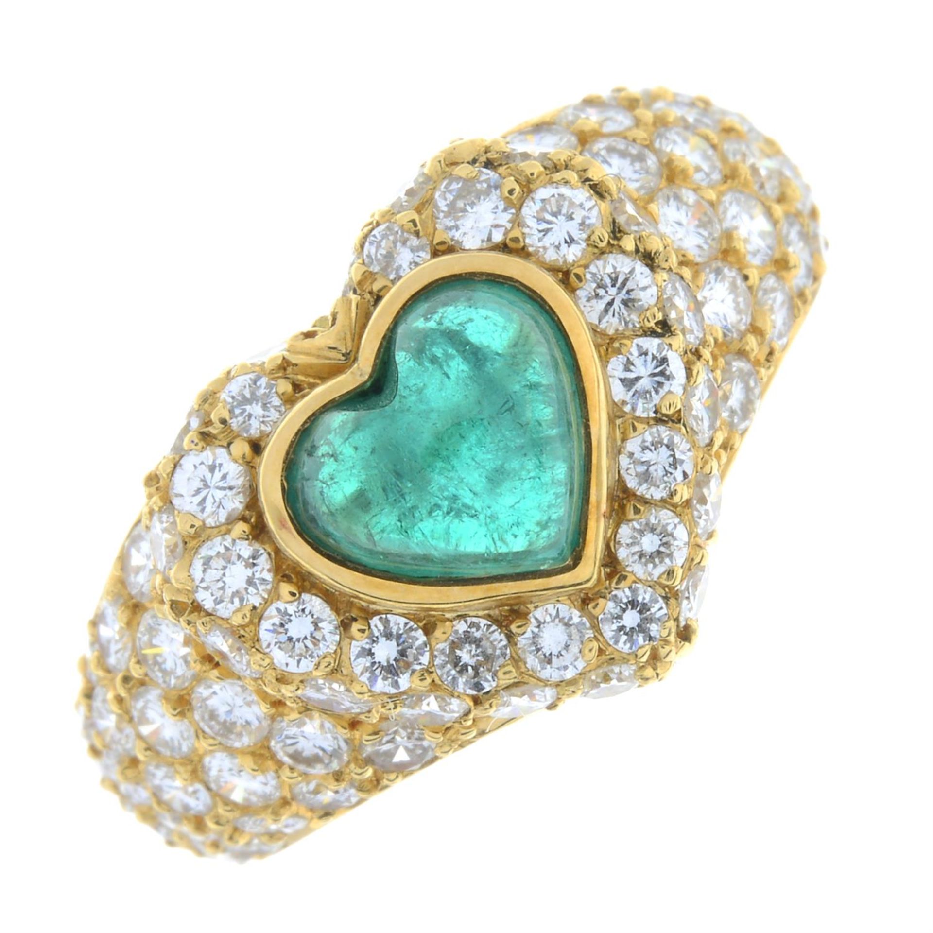 A heart-shape emerald cabochon and pavé-set diamond dress ring. - Image 2 of 5