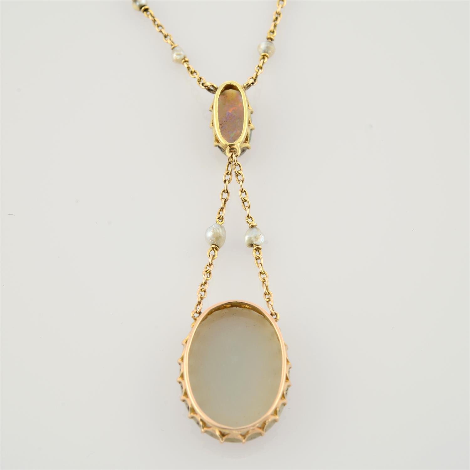 An early 20th century 14ct gold opal necklace, with seed pearl spacer trace-link chain. - Image 3 of 5