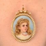 An early 20th century gold portrait miniature pendant, with split pearl surround and surmount.