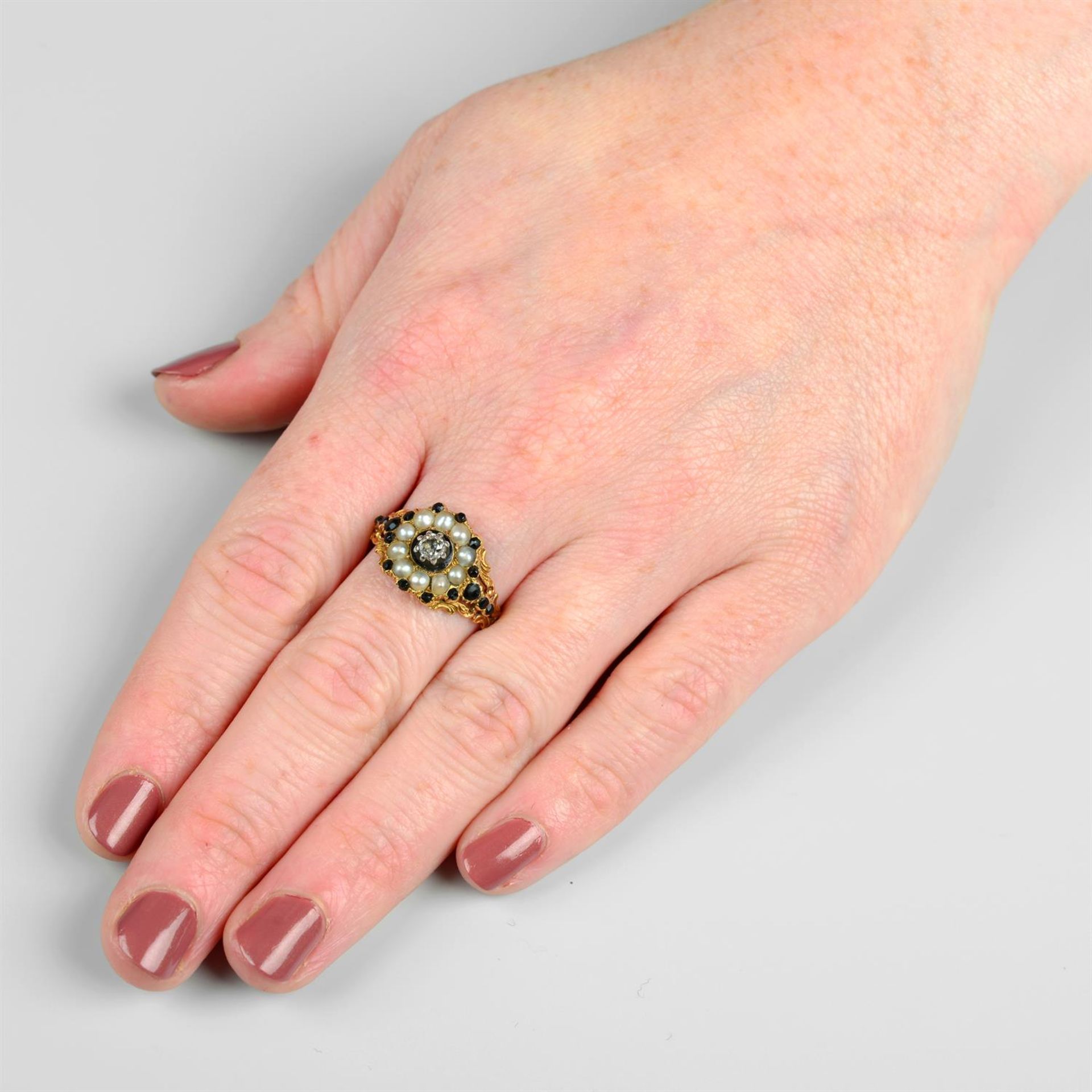 A Georgian 18ct gold black garnet, split pearl and old-cut diamond mourning ring, - Image 5 of 5