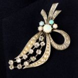 A mid 20th century gold old-cut diamond, opal and split pearl floral spray brooch.