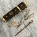 A Georgian gold and shagreen etui, containing scissors, combination tweezers and nail file,